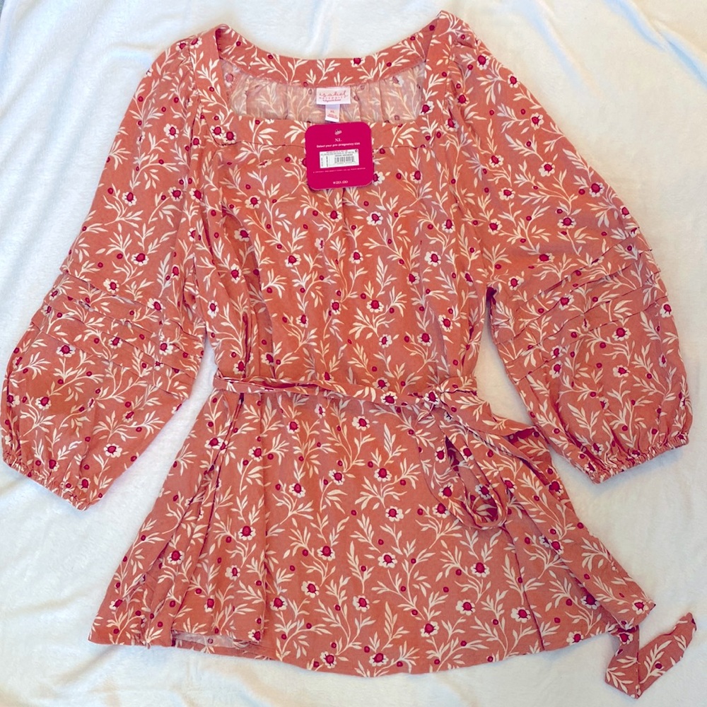 3/4 Sleeve Maternity Top Peach Orange Floral Leaf Print Isabel Maternity - XL